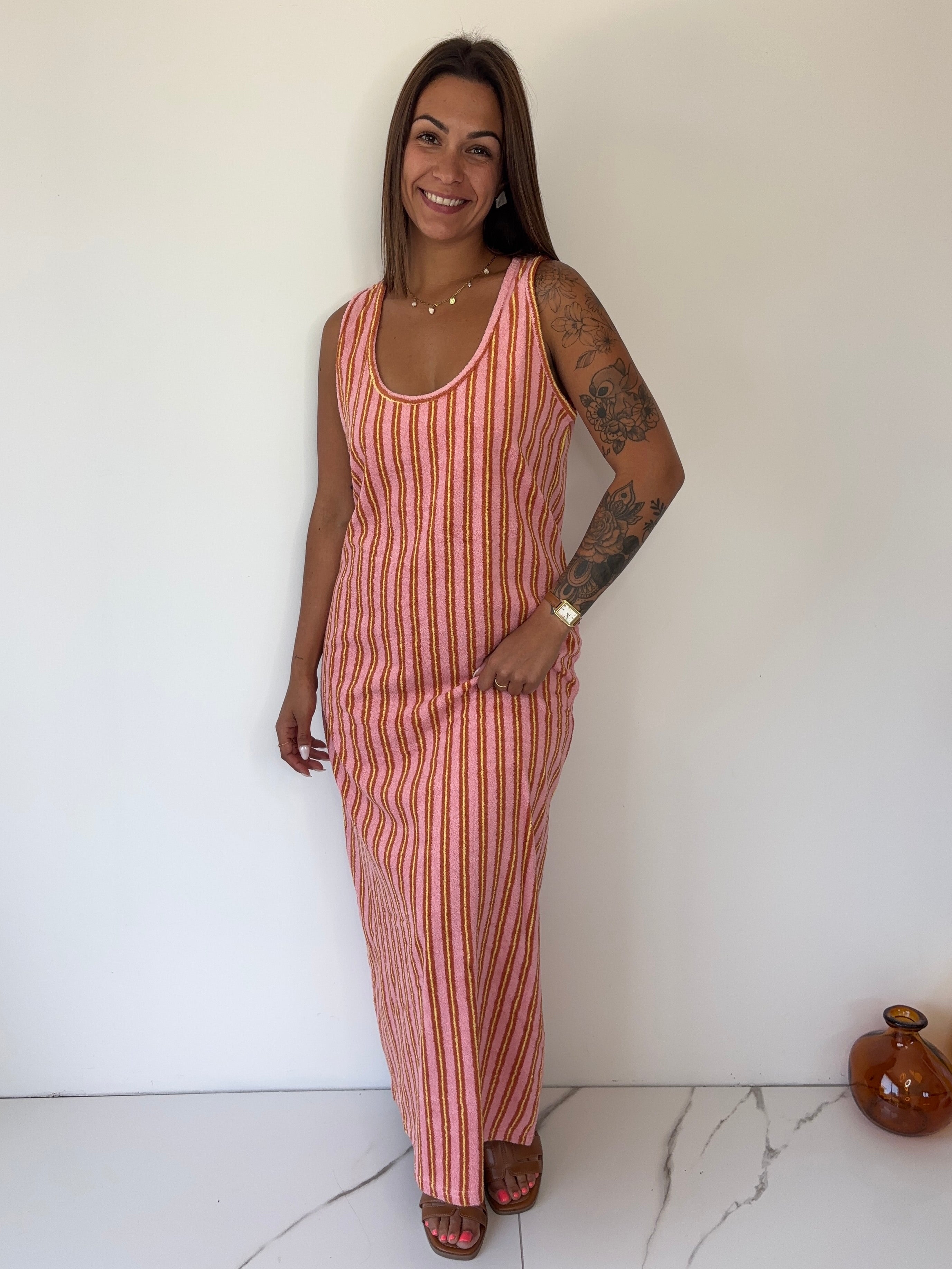 Robe éponge rayé rose & jaune