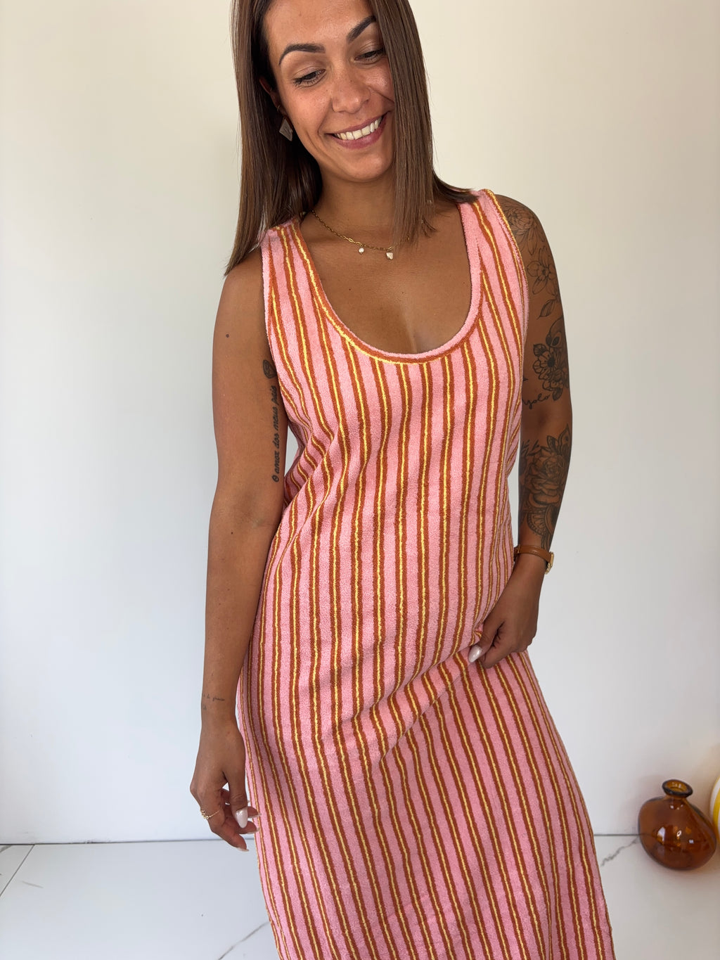 Robe éponge rayé rose & jaune