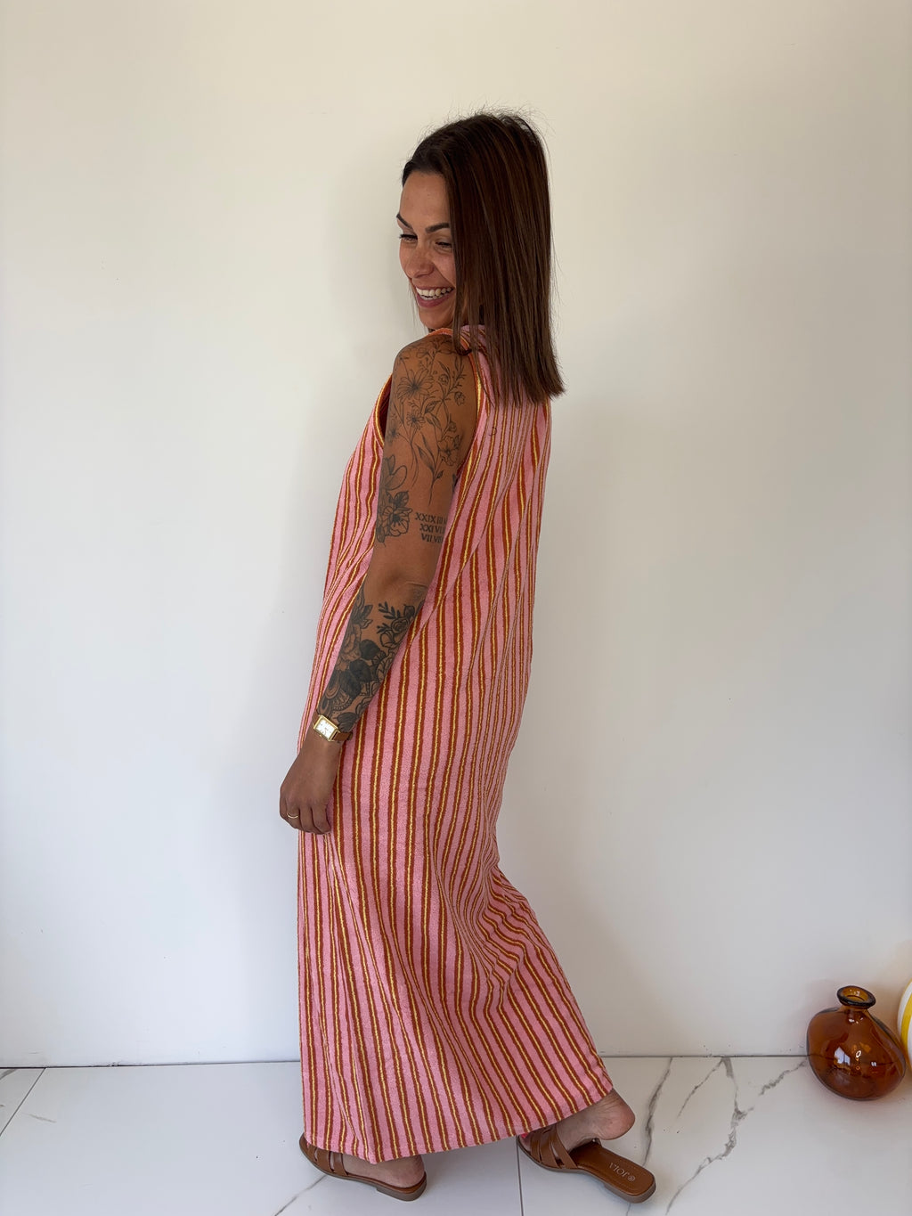 Robe éponge rayé rose & jaune