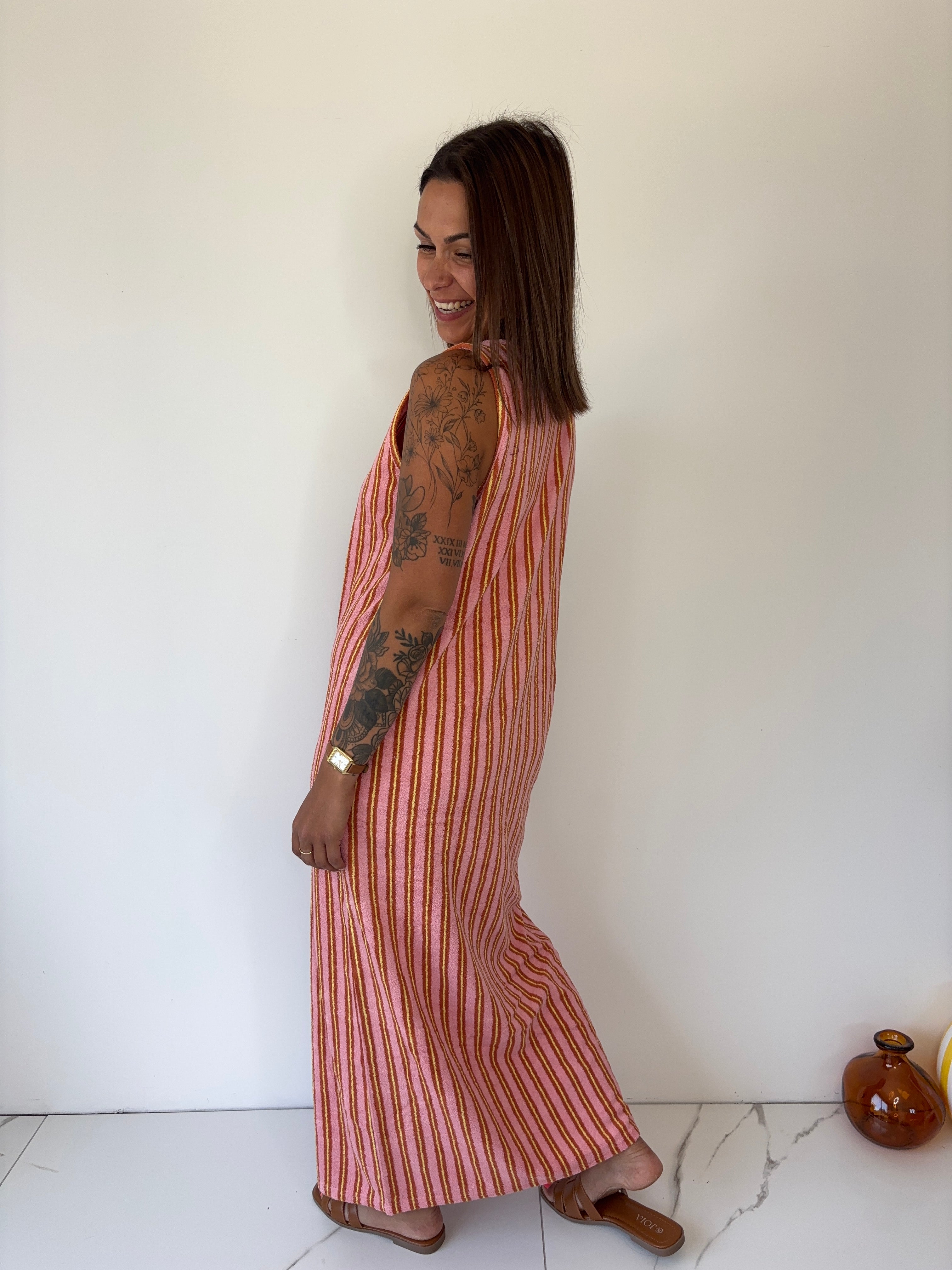 Robe éponge rayé rose & jaune