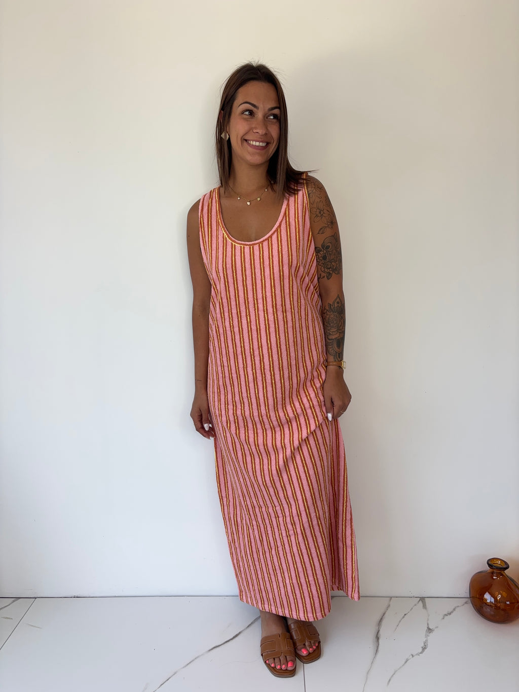 Robe éponge rayé rose & jaune
