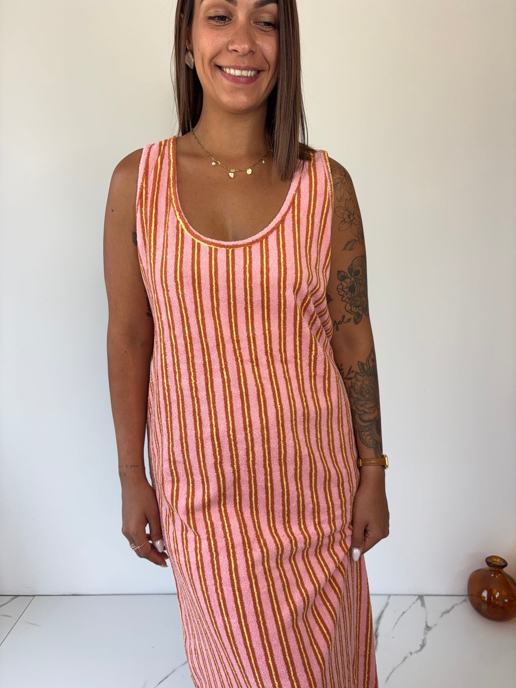 Robe éponge rayé rose & jaune