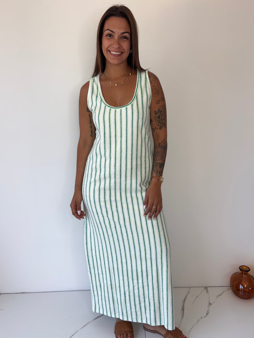 Robe éponge rayé blanc & vert