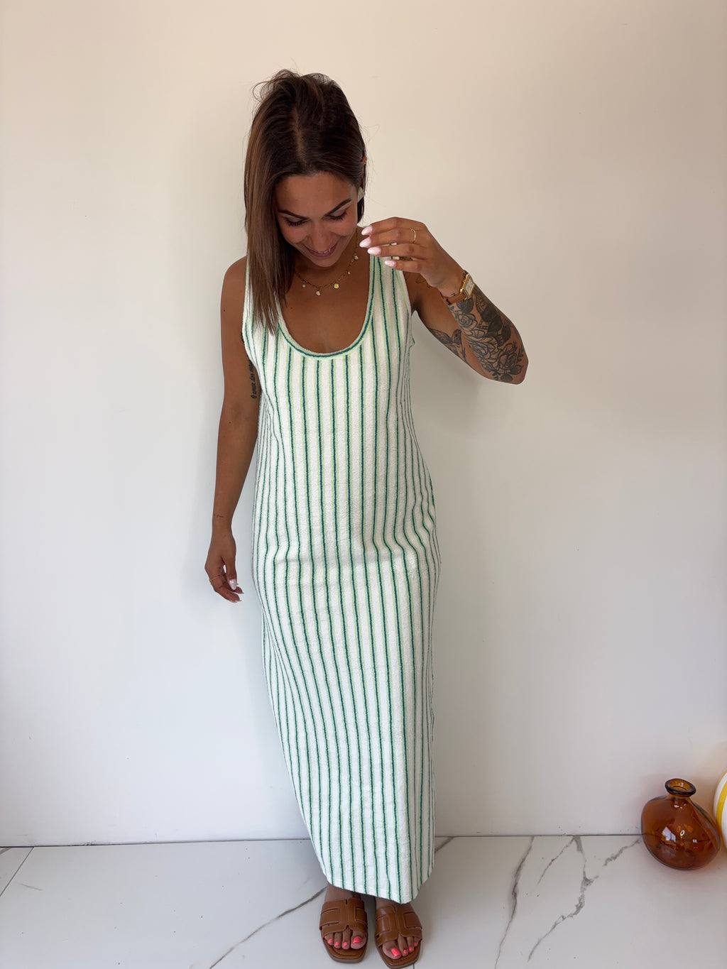 Robe éponge rayé blanc & vert