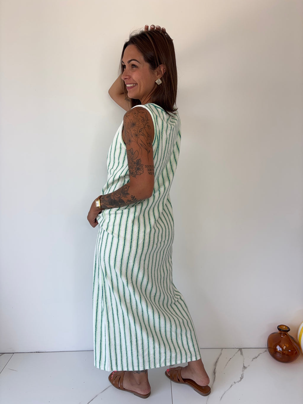 Robe éponge rayé blanc & vert