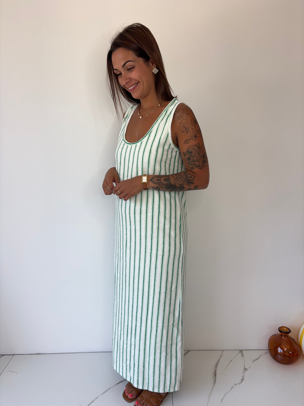 Robe éponge rayé blanc & vert