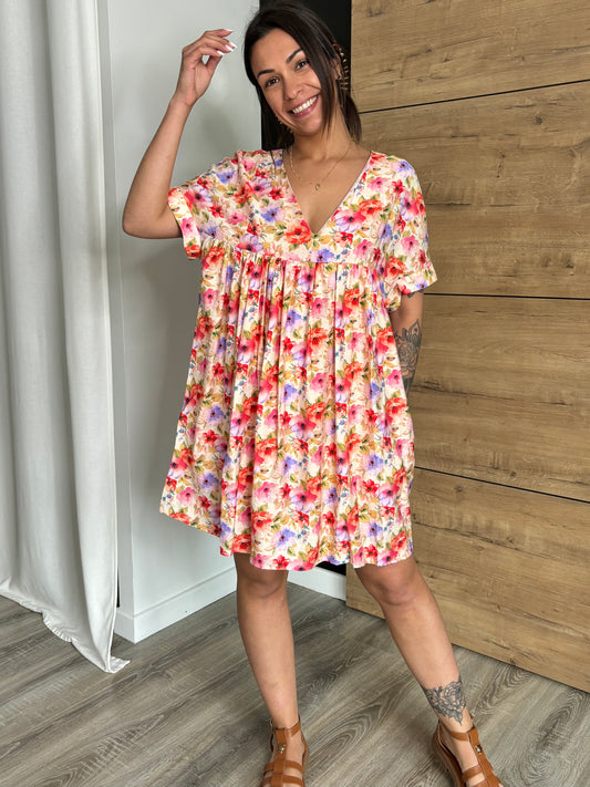 Robe short Victoire - fleurs rouge