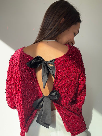 Blouse noeud à paillettes - rouge