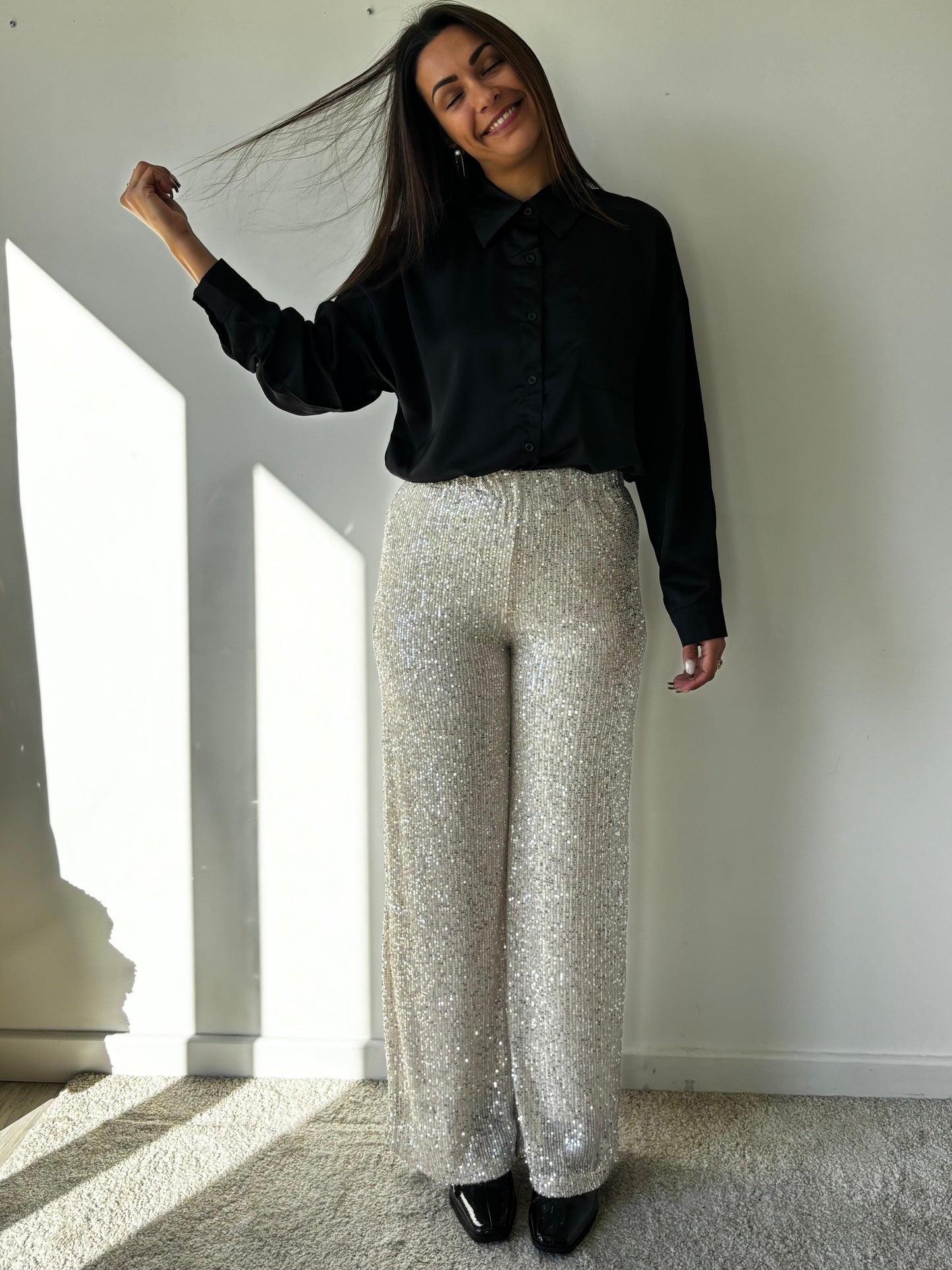 Pantalon Lise à paillettes beige